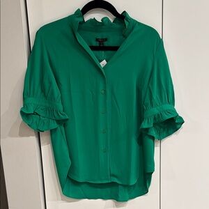 Ann Taylor Green Puff Sleeve Blouse with Mandarin Collar